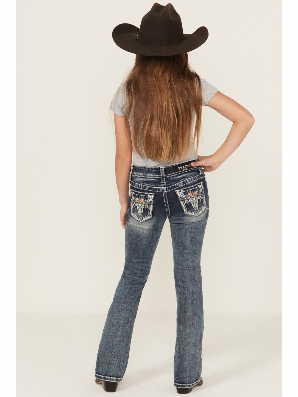 Grace in LA Light-Medium Embroidered Blue Flare Girls Jeans Size 7